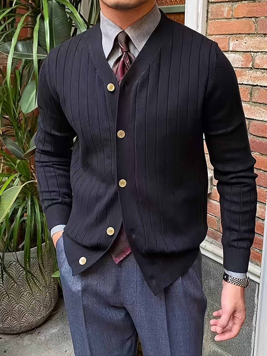 Arthur | Ribbestrikket Cardigan med Knappestolpe