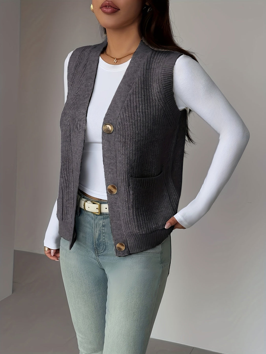 Miriam | Knappet V-hals Strikkevest
