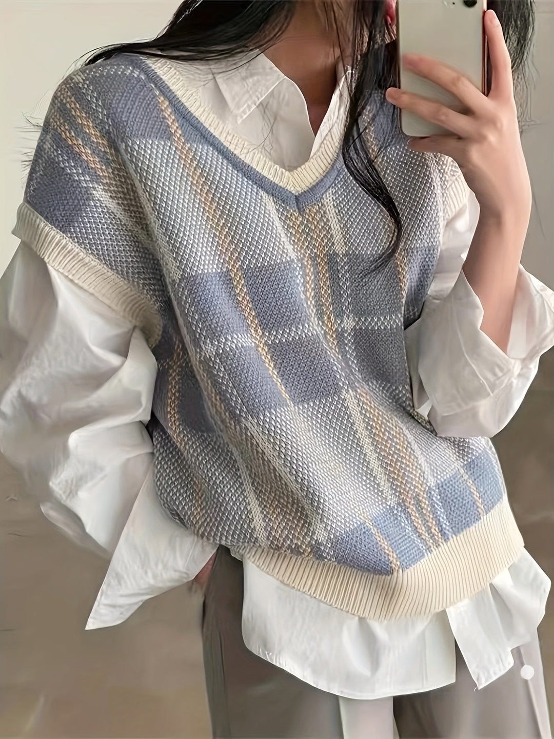 Marnie | Vintage rutete V-hals genservest