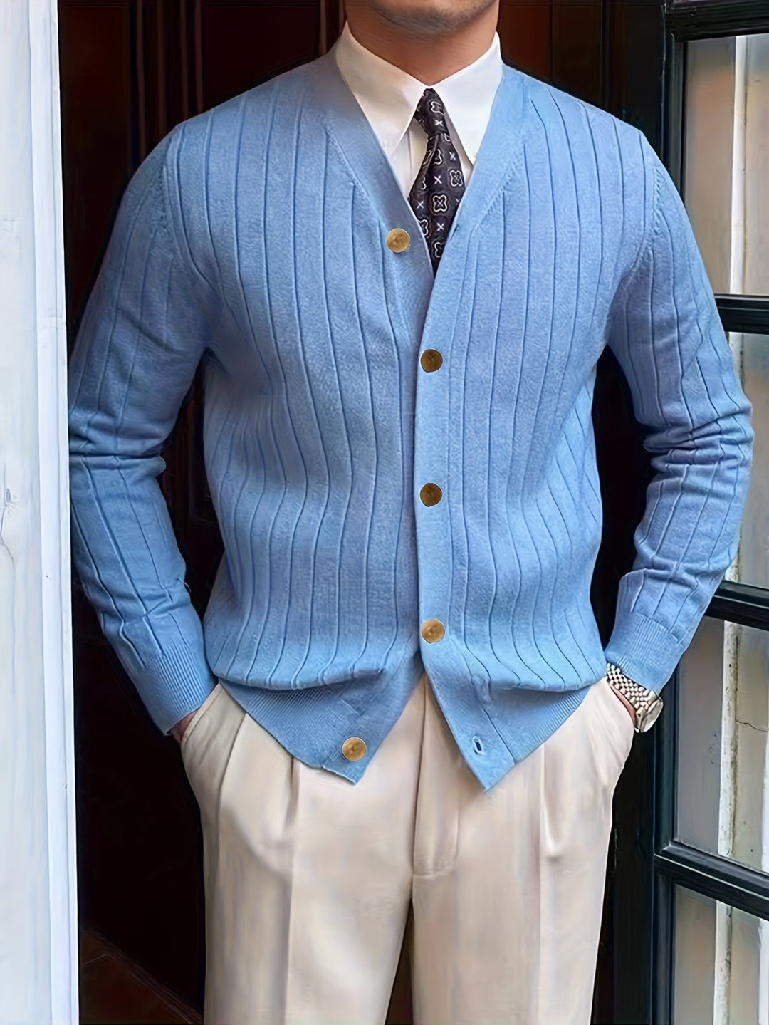 Arthur | Ribbestrikket Cardigan med Knappestolpe