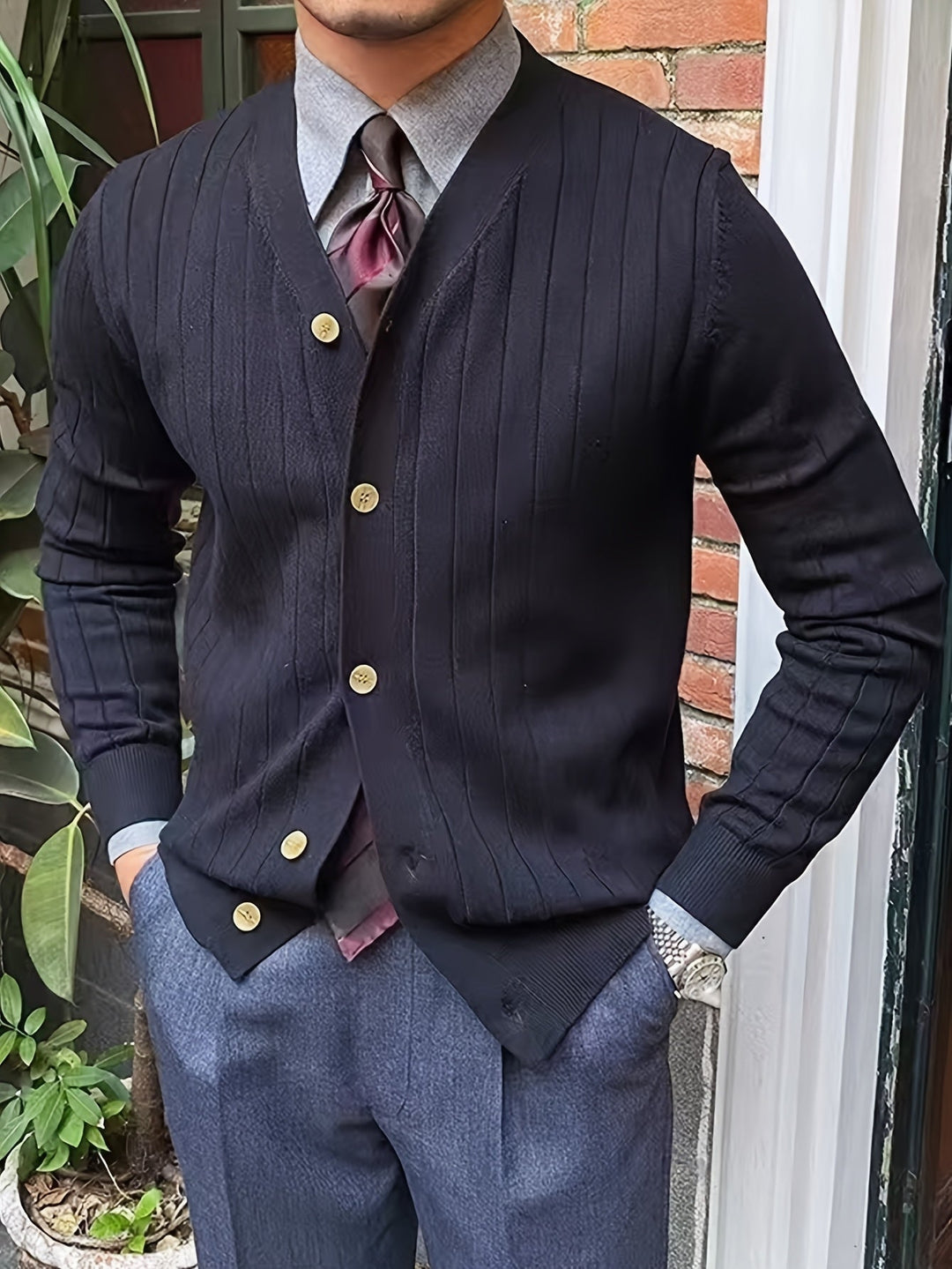 Arthur | Ribbestrikket Cardigan med Knappestolpe