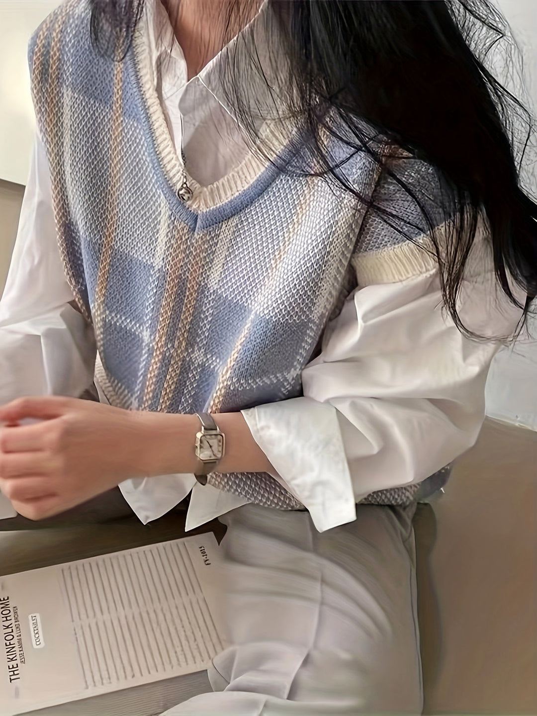 Marnie | Vintage rutete V-hals genservest