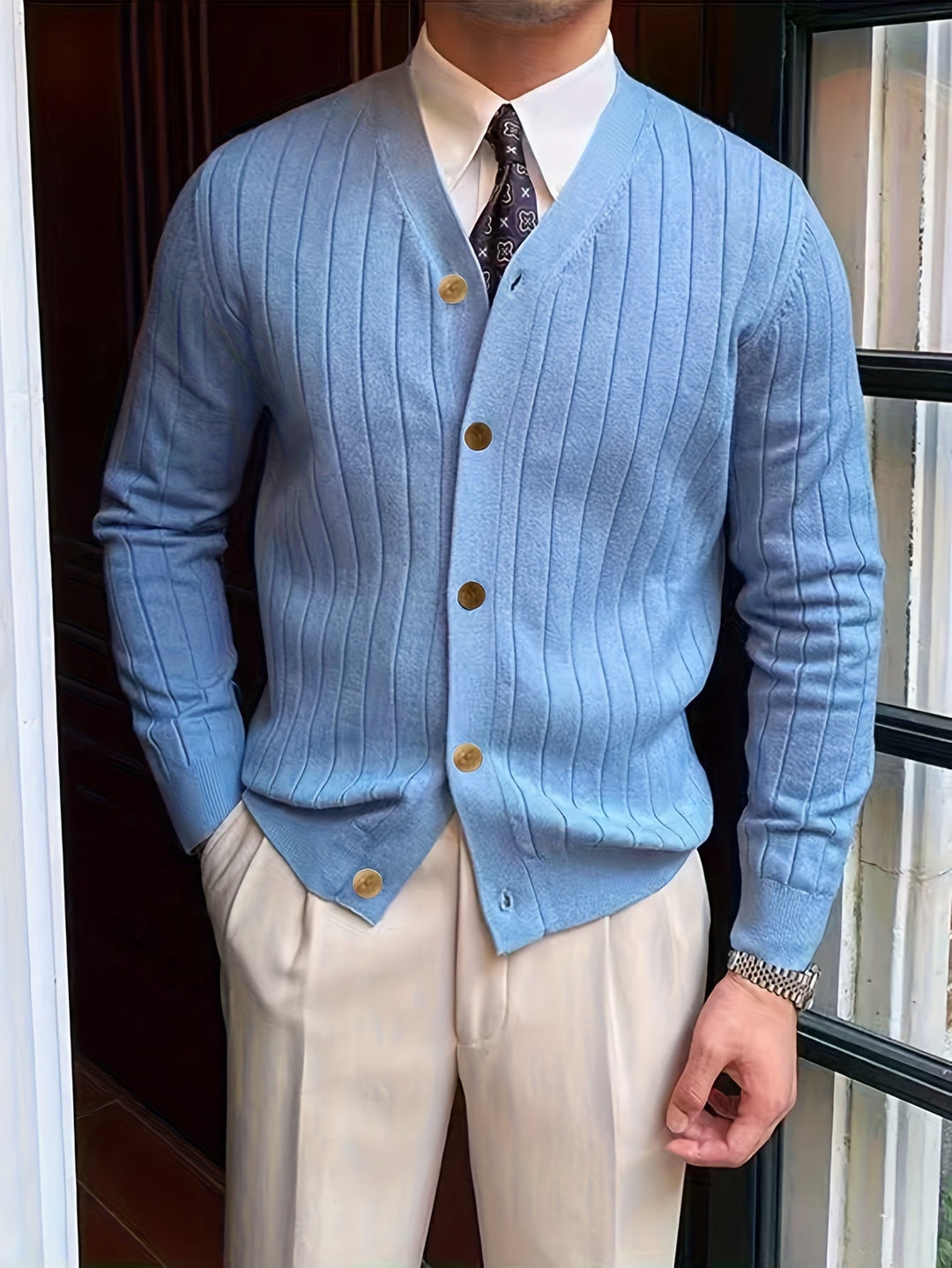 Arthur | Ribbestrikket Cardigan med Knappestolpe