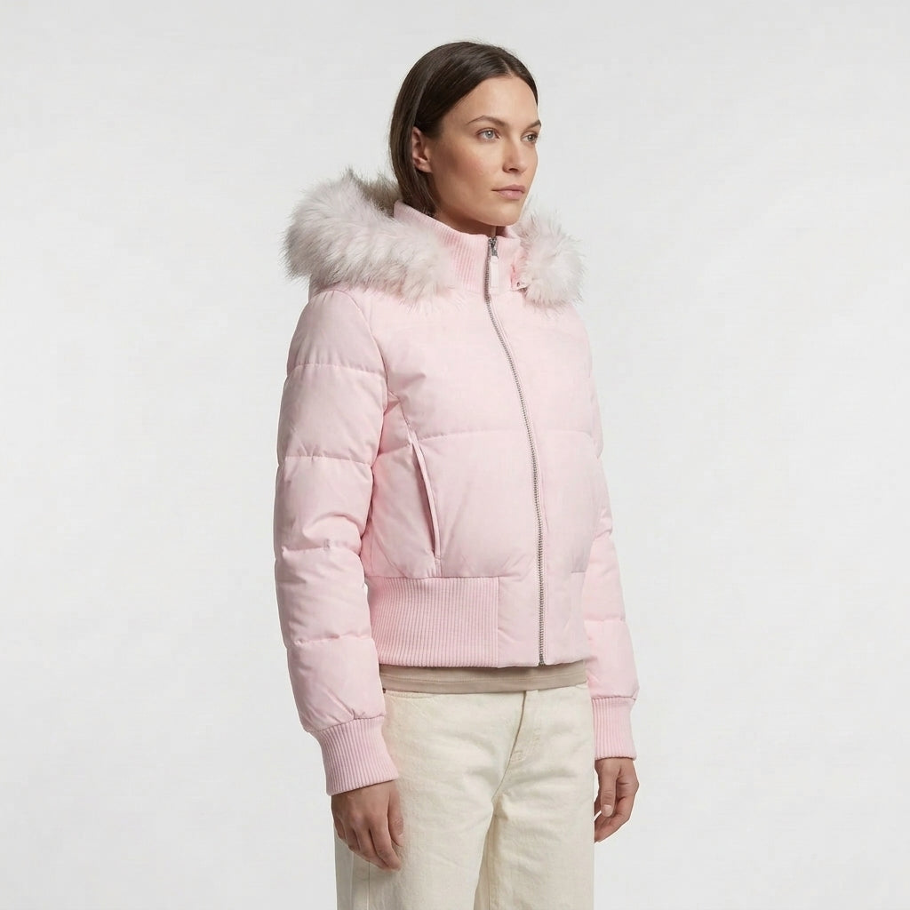 Dame Cropped Vinterjakke Quiltet med Hette og Pelskant