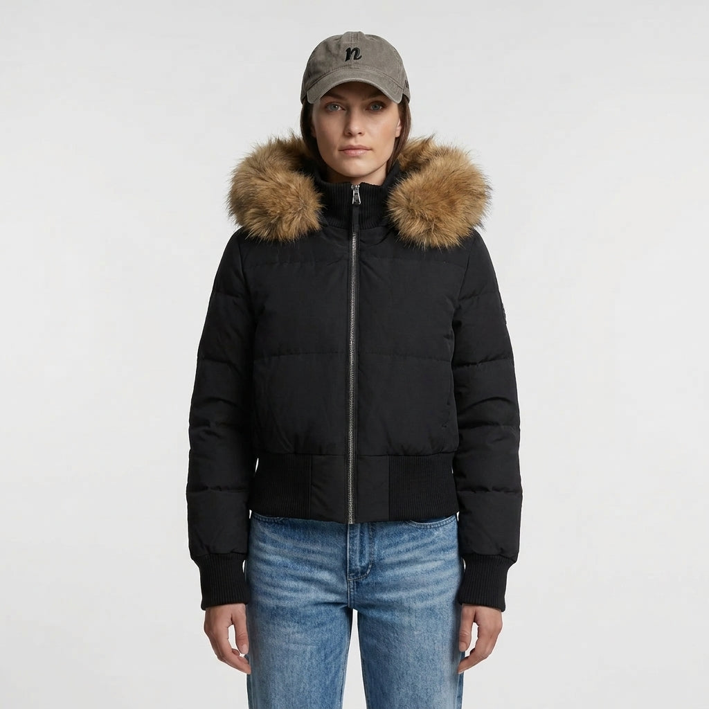 Dame Cropped Vinterjakke Quiltet med Hette og Pelskant