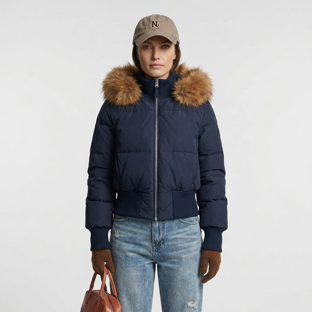 Dame Cropped Vinterjakke Quiltet med Hette og Pelskant