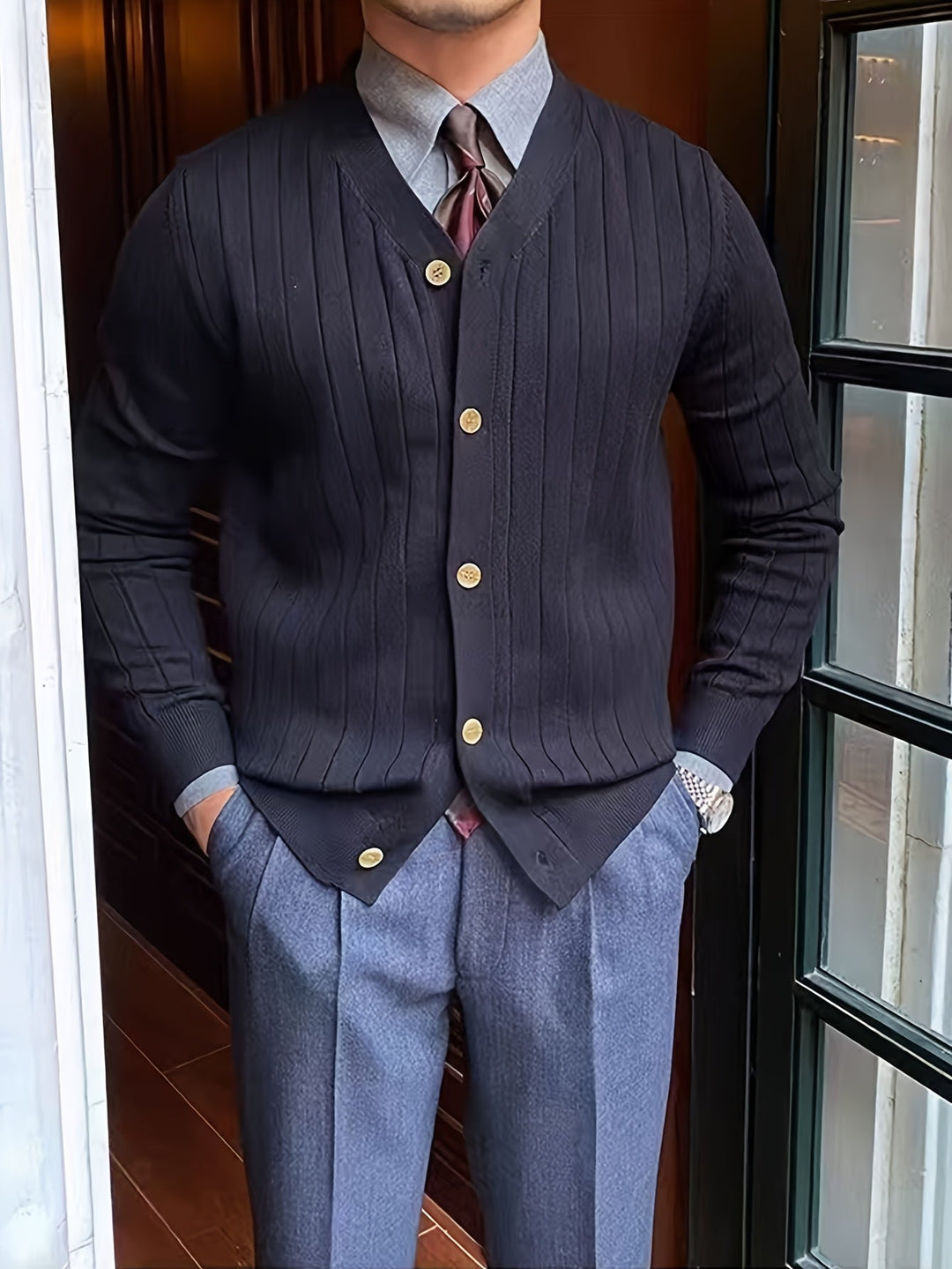 Arthur | Ribbestrikket Cardigan med Knappestolpe