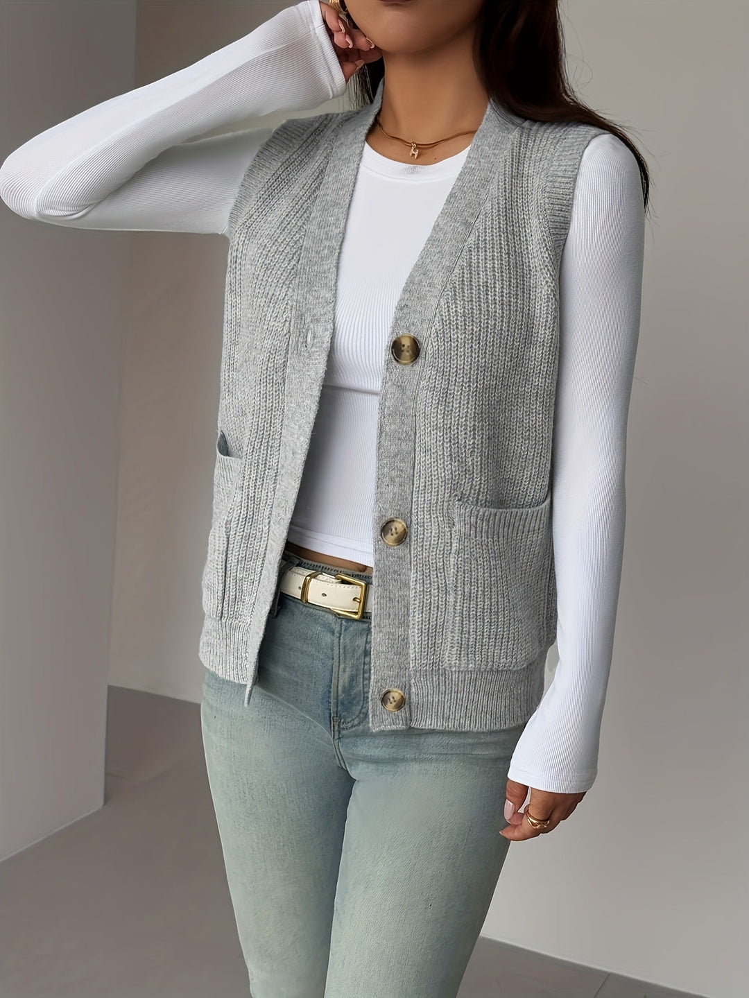 Miriam | Knappet V-hals Strikkevest