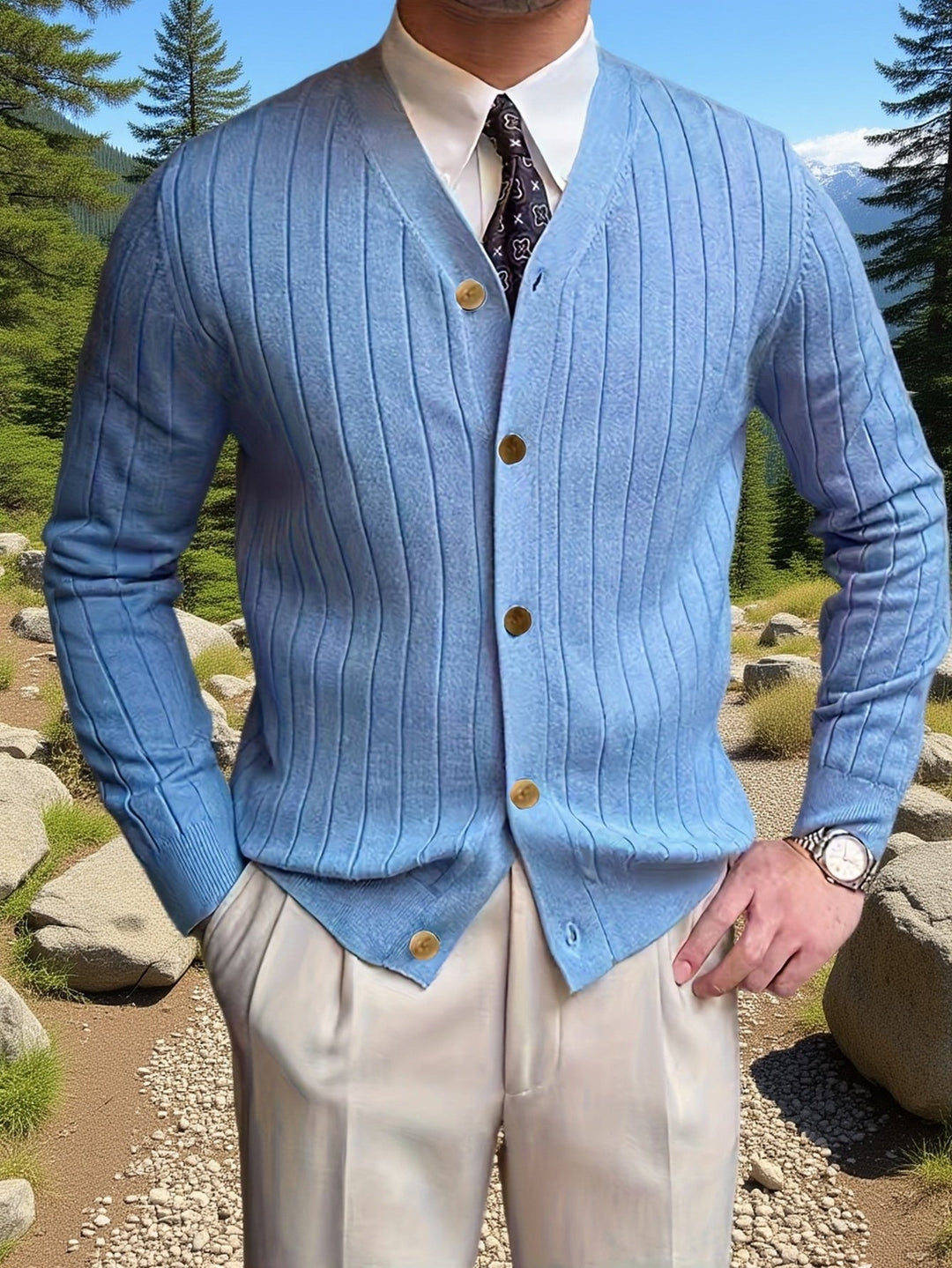 Arthur | Ribbestrikket Cardigan med Knappestolpe