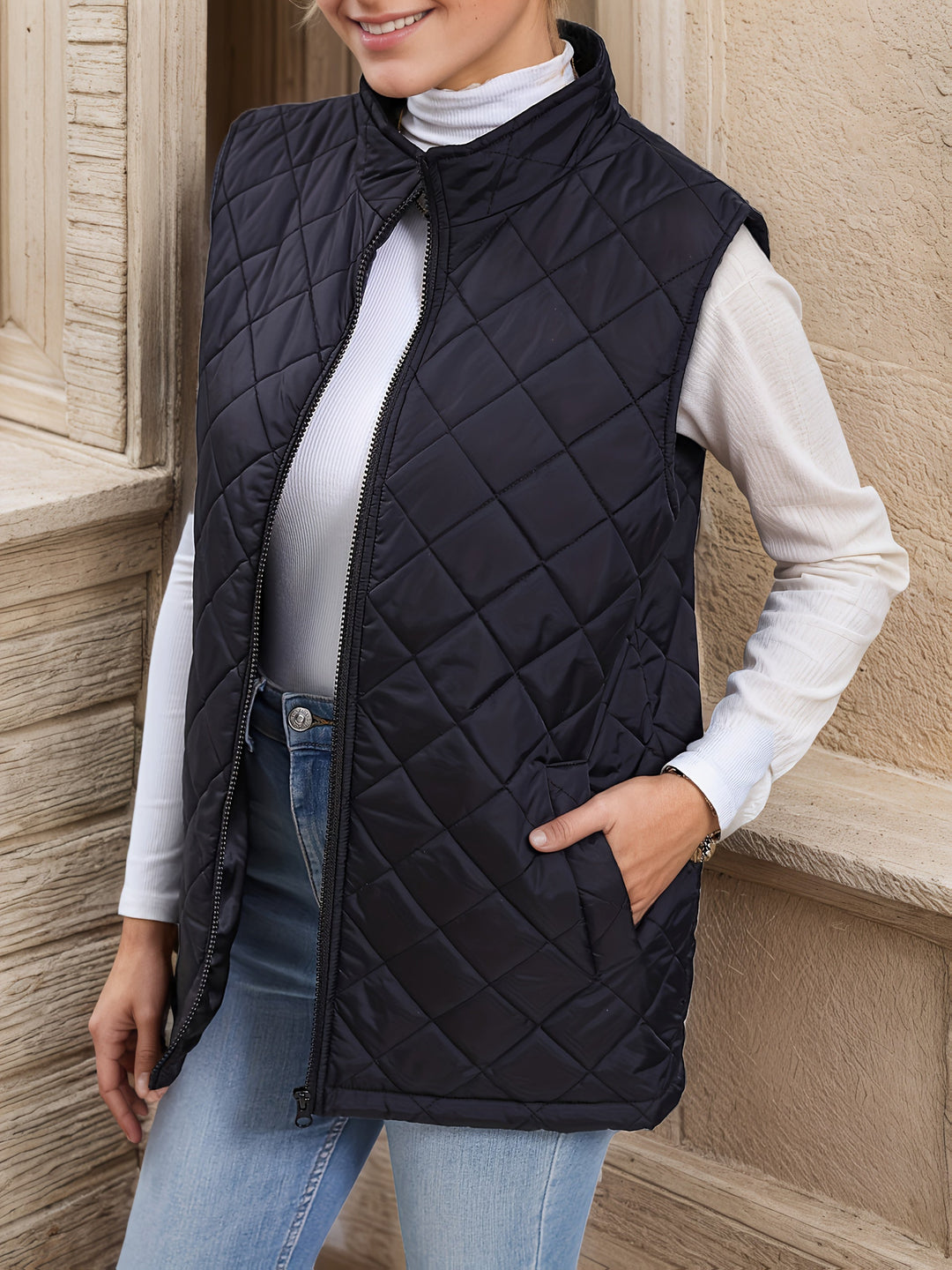 Eileen | Lang vest med diamantquiltet mønster