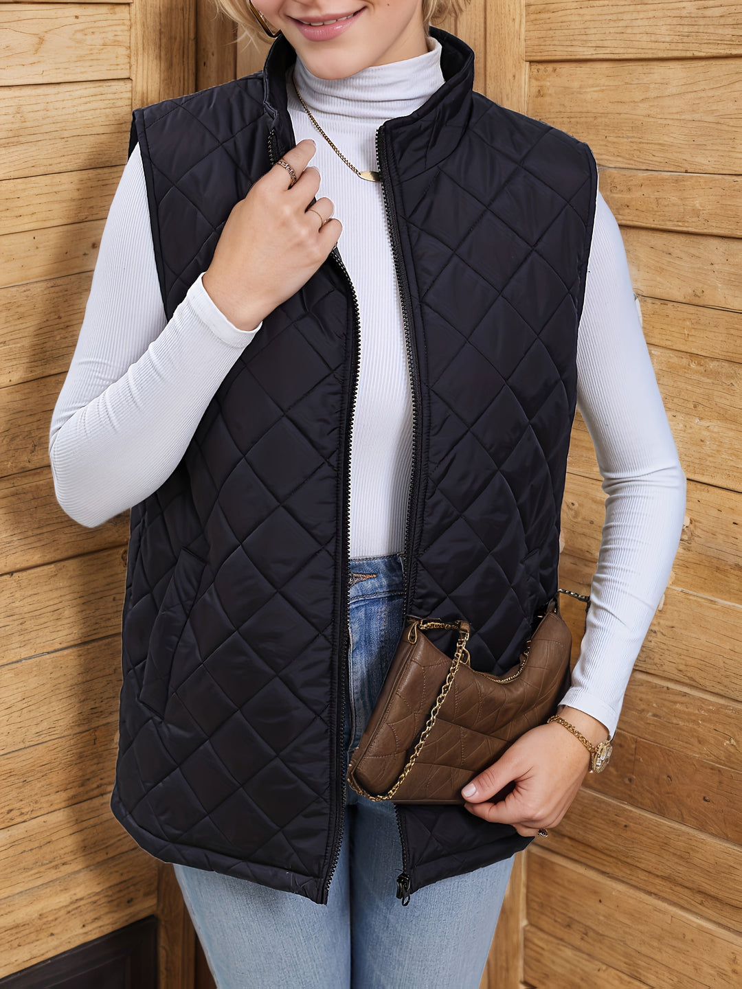 Eileen | Lang vest med diamantquiltet mønster