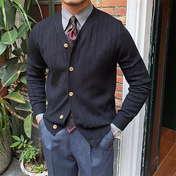 Vincent | Ribbestrikket V-hals Cardigan med Knapper
